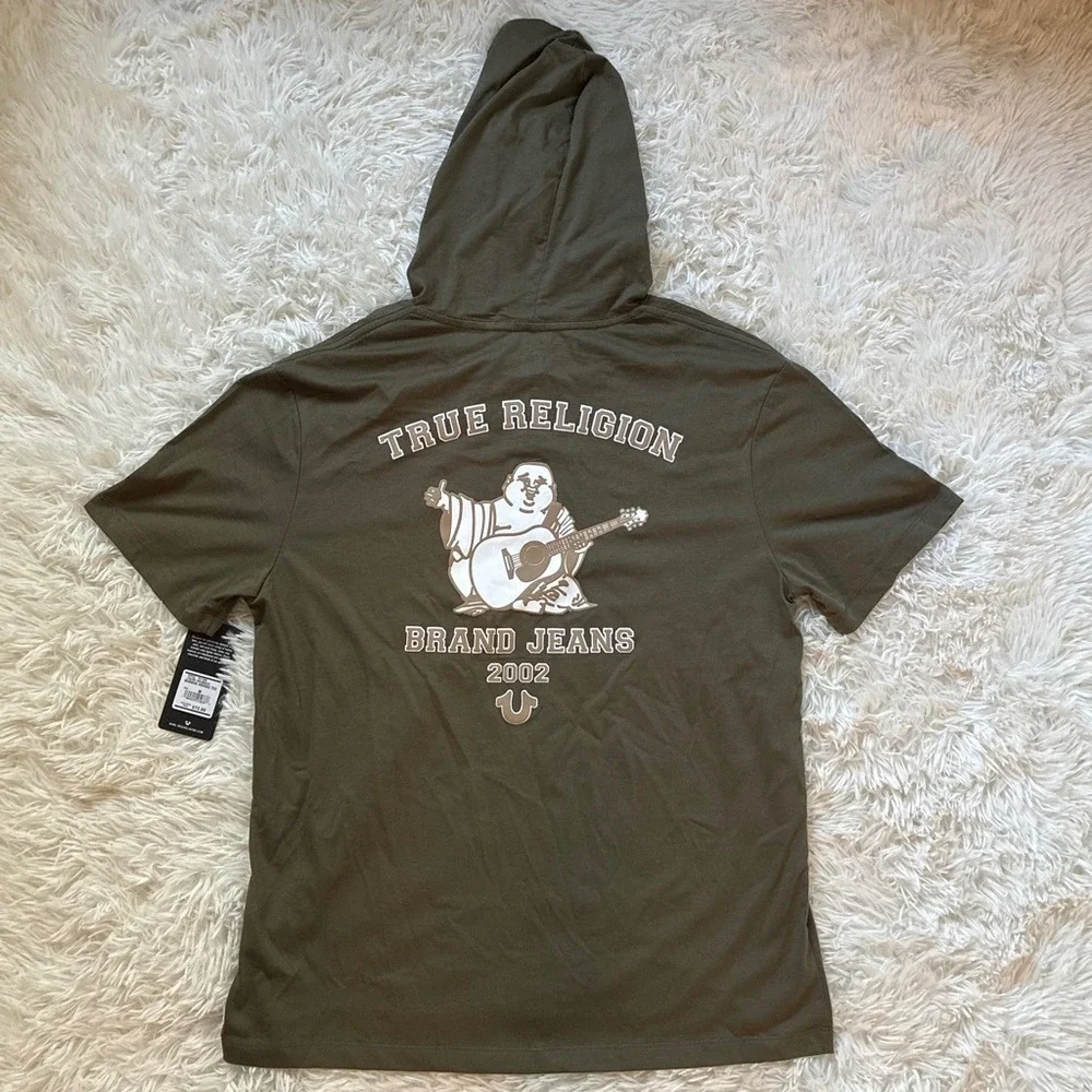 NWT True Religion  Short Sleeve Hoodie Olive Green Buddha Graphic Shirt Size M